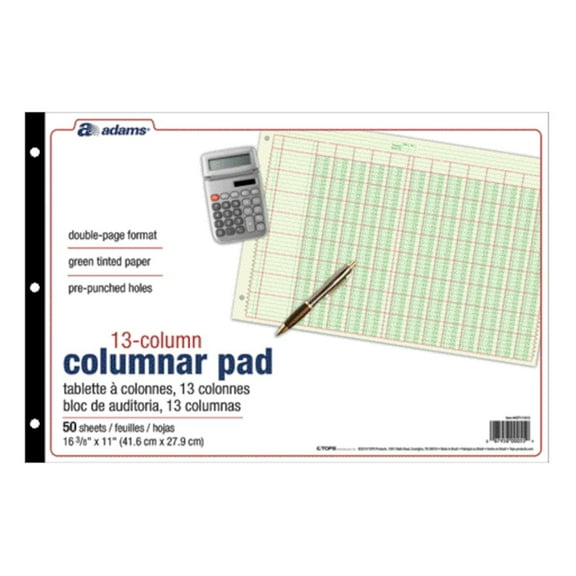 Adams Analysis Pad, 16 3/8" x 11", 100 Pages (50 Sheets), 13 Columns, Green