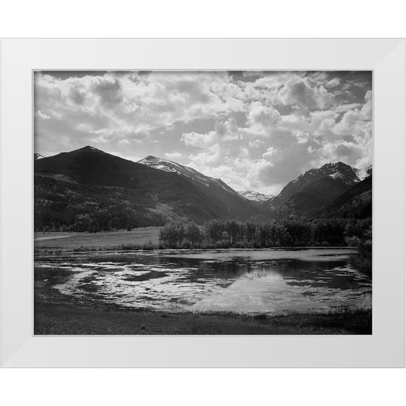 Adams, Ansel 14x12 White Modern Wood Framed Museum Art Print Titled - Lake and trees in foreground, mountains and clouds in background, in Rocky Mountain National Park, C