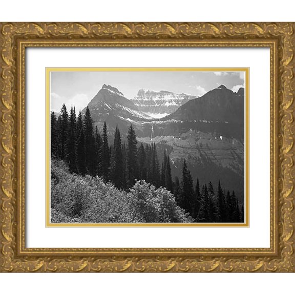 Adams, Ansel 18x15 Gold Ornate Wood Framed with Double Matting Museum Art Print Titled - Trees, Bushes and Mountains, Glacier National Park, Montana - National Parks and Monuments, 1941