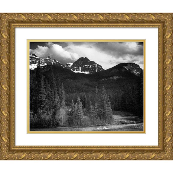 Adams, Ansel 18x15 Gold Ornate Wood Framed with Double Matting Museum Art Print Titled - View of streamside trees and snow on mountains - Northeast Portion, Yellowstone National Park, Wyomi
