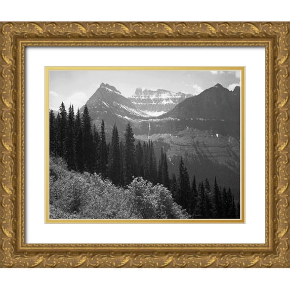 Adams, Ansel 24x20 Gold Ornate Wood Framed with Double Matting Museum Art Print Titled - Trees, Bushes and Mountains, Glacier National Park, Montana - National Parks and Monuments, 1941