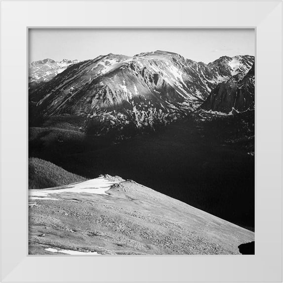 Adams, Ansel 26x26 White Modern Wood Framed Museum Art Print Titled - Panorama of barren mountains and shadowed valley, in Rocky Mountain National Park, Colorado, ca. 19