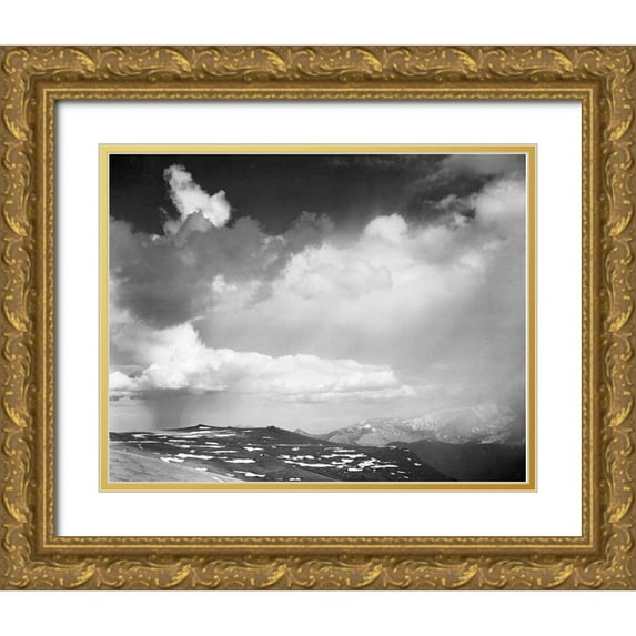 Adams, Ansel 32x26 Gold Ornate Wood Framed with Double Matting Museum Art Print Titled - Mountain tops, low horizon, dramatic clouded sky, in Rocky Mountain National Park, Colorado, ca. 19