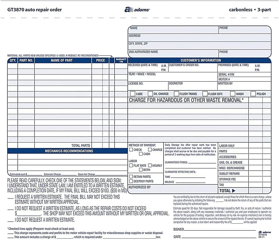 Adams Auto Repair Order Forms, 8.5 x 7.44 Inch, 3Part, Carbonless, 50