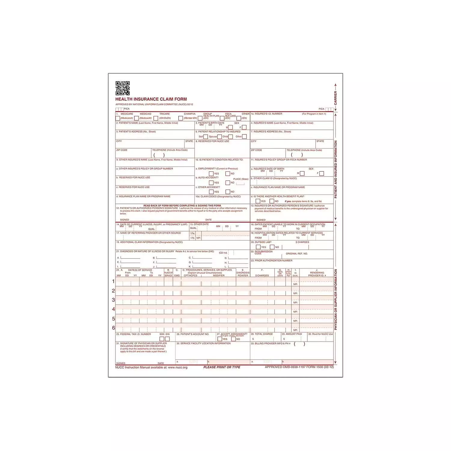 Adams CMS-1500 1 Part Health Insurance Claims 100/Pack (ABF CMS1500L1V ...