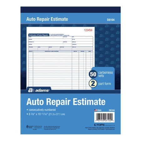 Adams Carbonless Auto Repair Estimate Book, 50 Sets per Book
