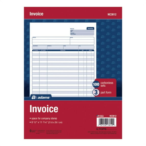 Adams® Carbonless Invoice Unit Sets, 3-Part, 8 1/2" x 11 7/16", Multicolor, 100 Sheets Per Pad, Pack Of 4 Pads