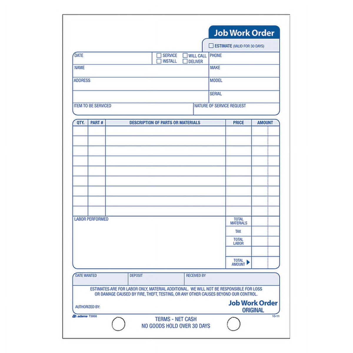 Adams Carbonless Job Work Order Book, 3-Part, White Canary Pages, 33 ...
