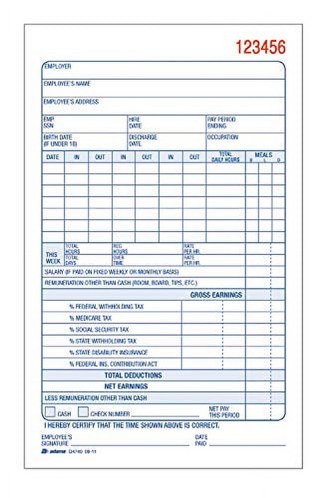 Adams Employee Payroll Record Book, 2 Part, Carbonless, 4.19 x 7.19, 50