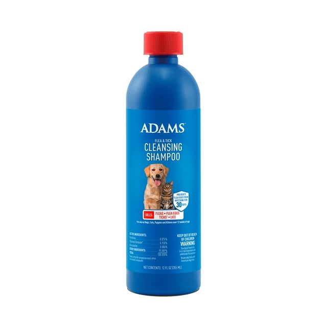 ADAMS Flea & Tick Cleansing Shampoo for Dogs, Cats, Puppies & Kittens, Flea Shampoo to Treat Flea Infestations, Kills Ticks, Fleas, Flea Eggs & Lice, Cleans and Conditions Coat, 12 fl oz