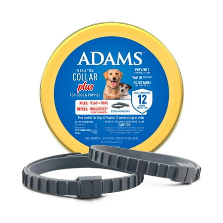 ADAMS Flea & Tick Collar Plus for Dogs & Puppies, 12 Months Protection Flea Infestations, Kills Fleas & Ticks, Repels Mosquitoes For Up To 6 Months (Excl. California), One Size Fits All, 2 Count