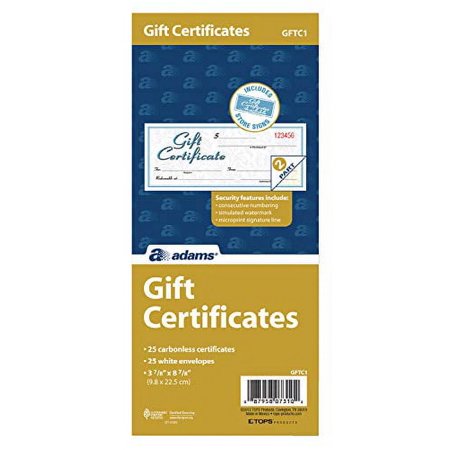 Adams Gift Certificate Book, Carbonless, Single Paper, 3.4 x 8 Inches, White, 2-Part, 25 Numbered Certificates Plus Store Sign (GFTC1)