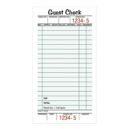Adams Guest Check Form Pads, Single Part, Perforated, 50 Sheets per Pad, 5 per pack.
