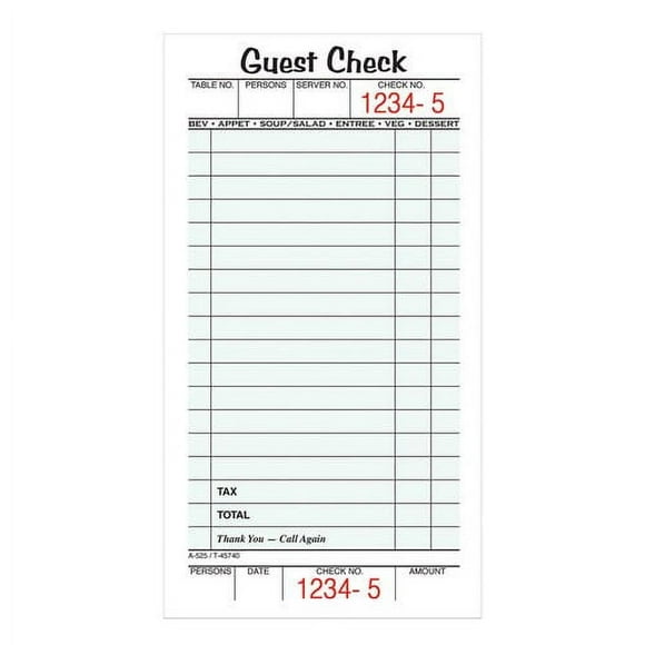 Adams Guest Check Form Pads, Single Part, Perforated, 50 Sheets per Pad, 5 Pads per Pack.