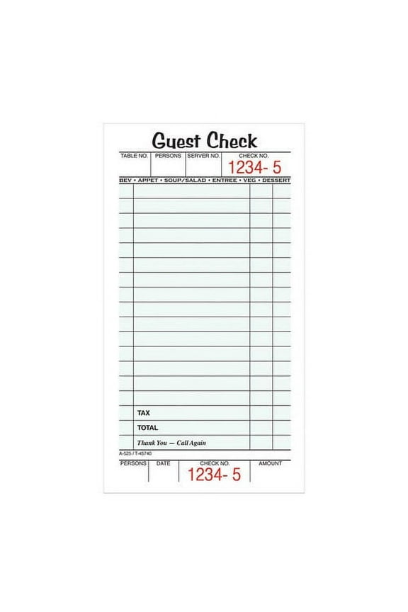 Guest Check Form Pads, Single Part, Perforated, 50 Sheets per Pad, 5 per pack.
