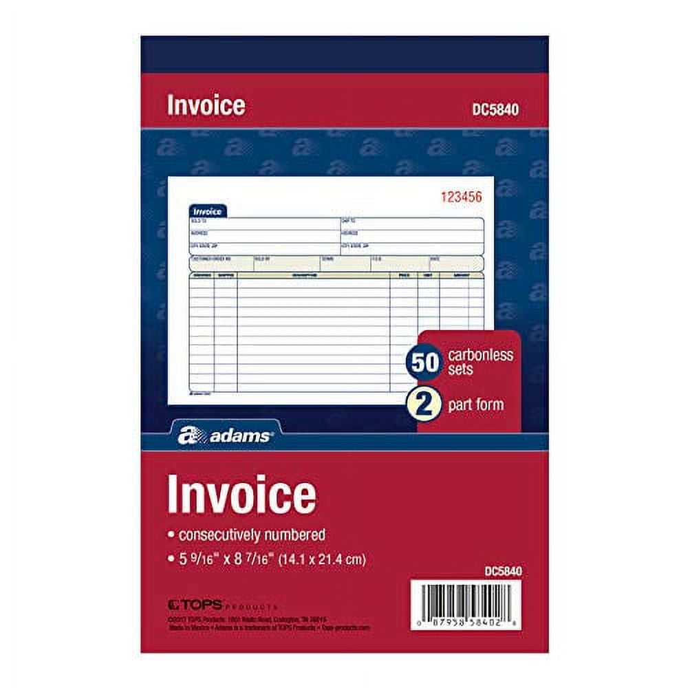 Adams 2Part Carbonless Invoice Book, Carbon Copy, 59/16 x 87/16 Inches, 50 Sets per Book