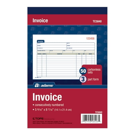 Adams® Invoice Book, 3-Part, Carbonless, White, Canary, Pink, 8-7/16" x 5-9/16", 50 Sets