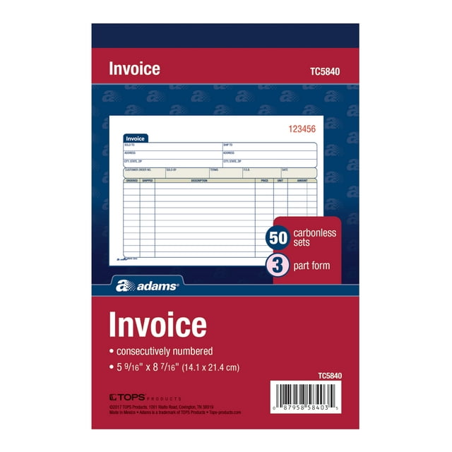 Adams® Invoice Book, 3-Part, Carbonless, White, Canary, Pink, 8-7/16" x ...