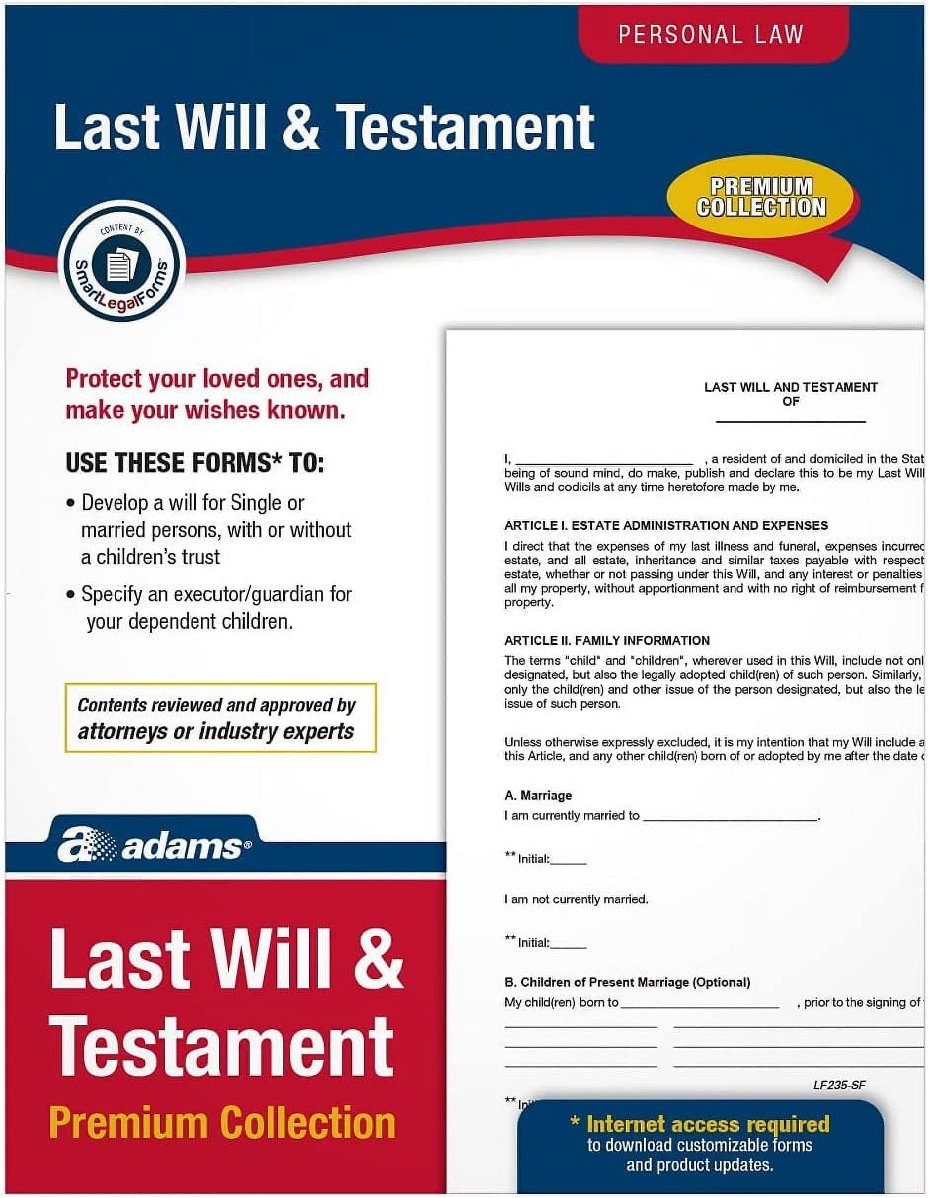adams last will and testament, forms and instructions, downloadable product details on packaging, usa only (lf235)
