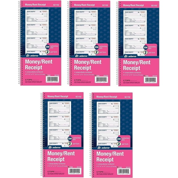 Adams Money and Rent Receipt Book, 2-Part Carbonless, 5-1/4" x 11", Spiral Bound, 200 Sets per Book, 4 Receipts per Page, Sold as 5 Pack, 1000 Sets Total SC1152