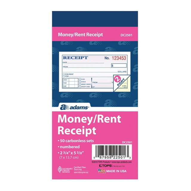 Adams Money/Rent Receipt Book, 2-Part Carbonless Forms, White/Canary, 2 ...