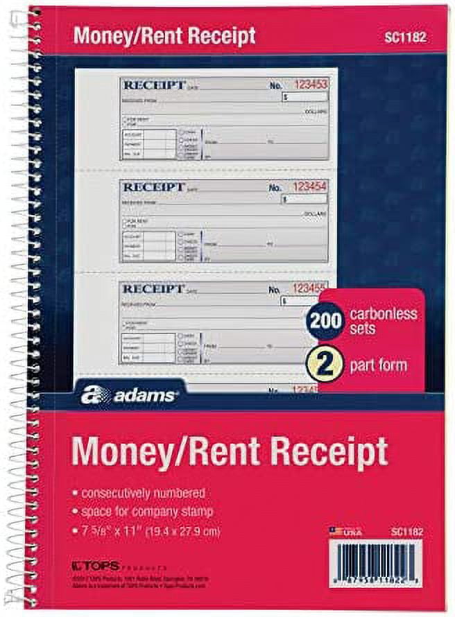 Adams Money and Rent Receipt Book, 2Part Carbonless, 75/8" x 11