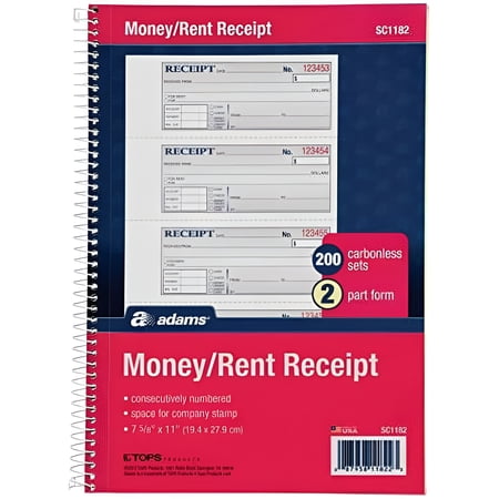 Adams Money and Rent Receipt Book, 2-Part Carbonless, 7-5/8" x 11", Spiral Bound, 200 Sets per Book, 4 Receipts per Page (SC1182), White/Canary