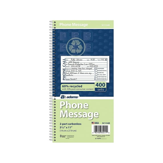 Adams Phone Message Pad 5.5" x 11" Ruled White 100 Sheets/Pad (SC1154R) 609011
