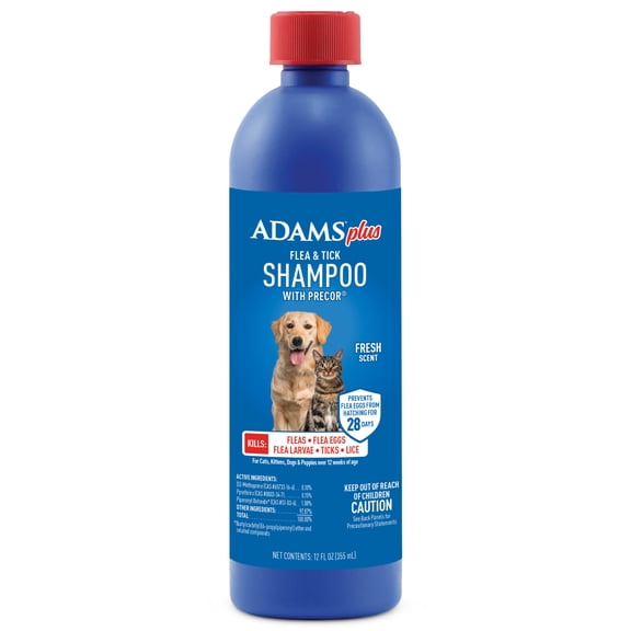 ADAMS Plus Flea & Tick Shampoo with Precor for Dogs, Cats, Puppies & Kittens, Flea Shampoo to Treat Flea Infestations, Kills Ticks, Fleas, Flea Eggs & Lice, Cleans and Conditions Coat, 12 fl oz