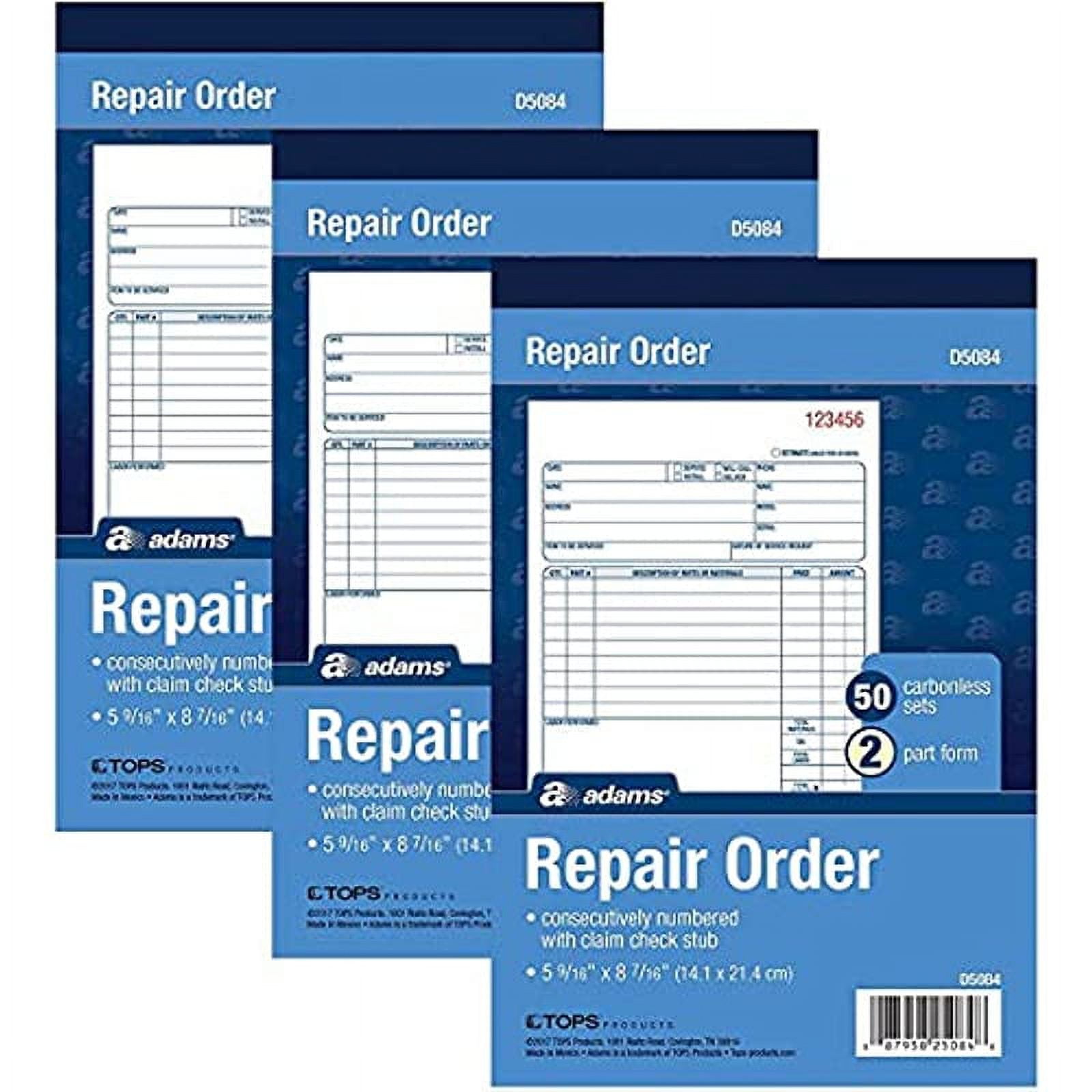 Adams Repair Order Book, Carbonless, 2Part, White/White, 59/16 x 87/16 Inches, 50 Sets (D5084