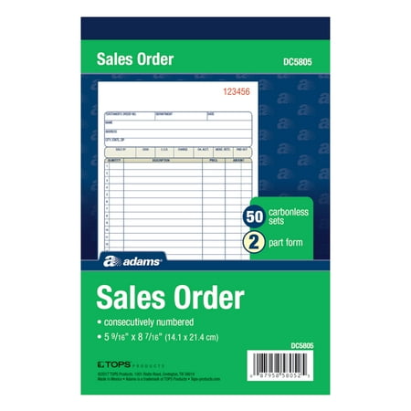 Adams Sales Order Book, 2 - Part, Carbonless, 5-9/16" x 8-7/16", 10 Book per Pack
