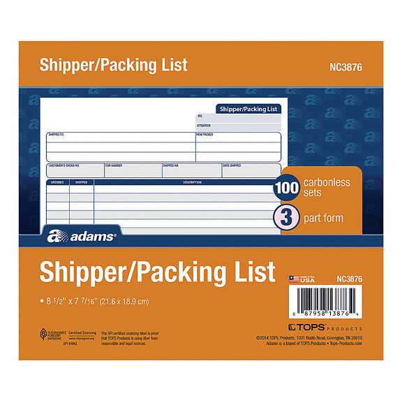 Adams Shipper and Packing Slip Unit Set, 8.5 x 7.44 Inch, 3-Part, Carbonless, 100-Pack, White, Canary and Pink (NC3876)