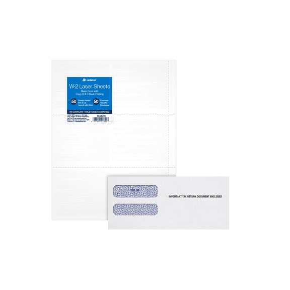 Adams W2 Laser Tax Forms Kit 2023, Blank Forms w/Stubs and Self Seal Envelopes Included, B & C Copies, 3-Up, Peel and Seal, 50 Pack (TXA2350)
