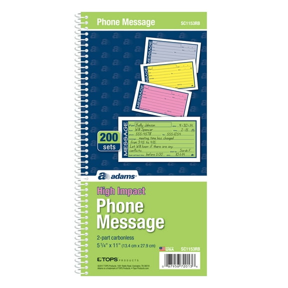 Adams Wirebound Telephone Message Book, 2-Part Carbonless, 5-1/4" x 11", White/Canary, 200 Forms