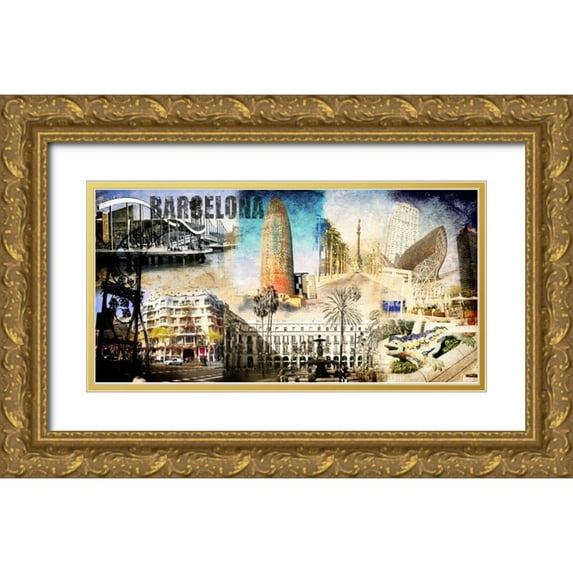 Adamsky 14x9 Gold Ornate Wood Framed with Double Matting Museum Art Print Titled - Barcelona Collage 01