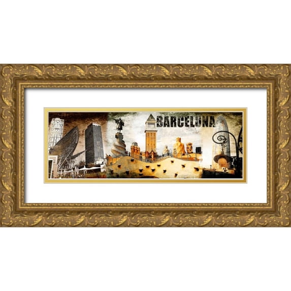 Adamsky 24x11 Gold Ornate Wood Framed with Double Matting Museum Art Print Titled - Barcelona Collage 02