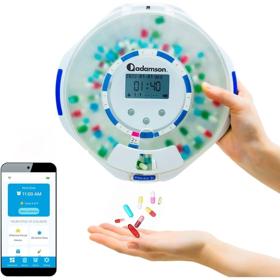 Adamson TimelyMed Smart Pill Dispenser Machine with Alarm + WiFi App Monitoring + 28 Day Medicine Dispenser + Automatic Pill Dispenser for Elderly + Lock Key