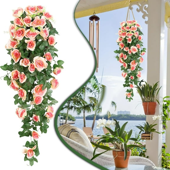 Adapan 1PC Artificial Rose Garland,Champagne Faux Flower Vine for Wall Wedding Home Decor, Hanging Silk Roses,Beige