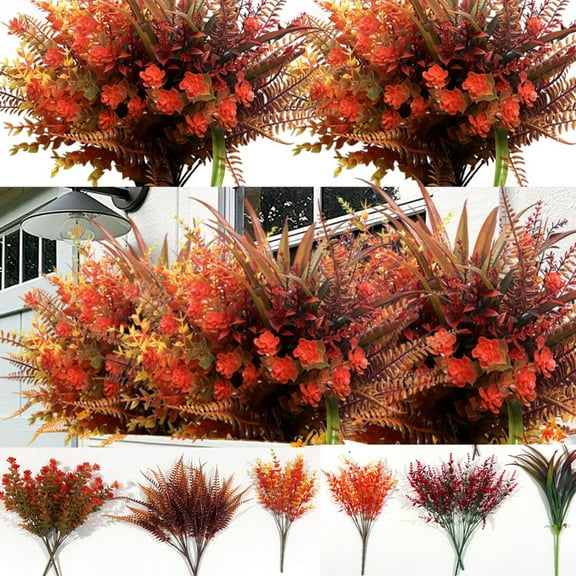 Adapan 9PC Artificial Fall Flowers Outdoor,Faux Autumn Plants, Realistic Eucalyptus Flower Bushes, Fake Plants for Porch, Garden, Thanksgiving & Home Decor,Orange
