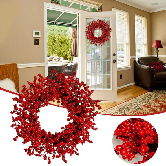 Adapan Artificial Red Berry Wreath for Front Door Christmas Holiday Valentines Day Farmhouse Twig Berry Wall Decor,Red,1PC,Wreath