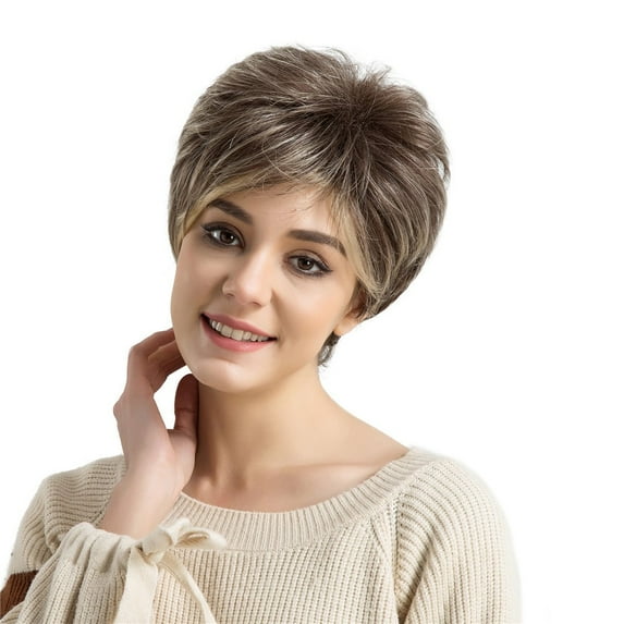 Adapan Short Ombre Brown Pixie Cut Wigs,Natural Layered Short Brown Wigs,Blonde Highlights Synthetic,Fashion Wig Short Haircut Wigs Short Human Hair Synthetic Wig Ps Wig Cap,Brown,4.4oz