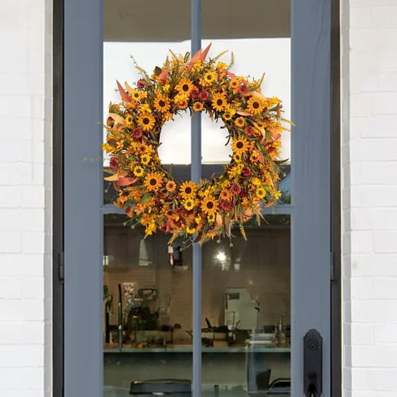 Adapan Thanksgiving Autumn Wreath with Pumpkins Berries and Maple Leaves, Fall Front Door Hanging Vine Circle Festival Decor,Orange,1PC,Wreath