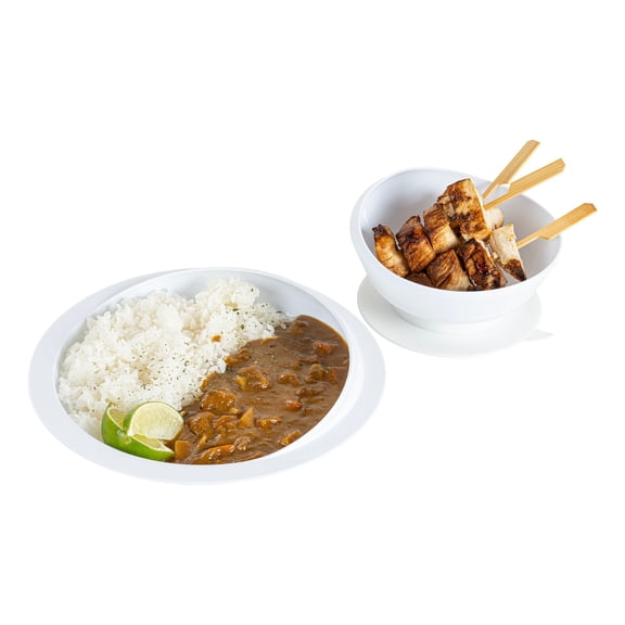 Adapt Tek White Plastic 2-Piece Scoop Plate and Bowl Set - Spillproof, with Suction Base - Includes 20 Plates and 20 Bowls