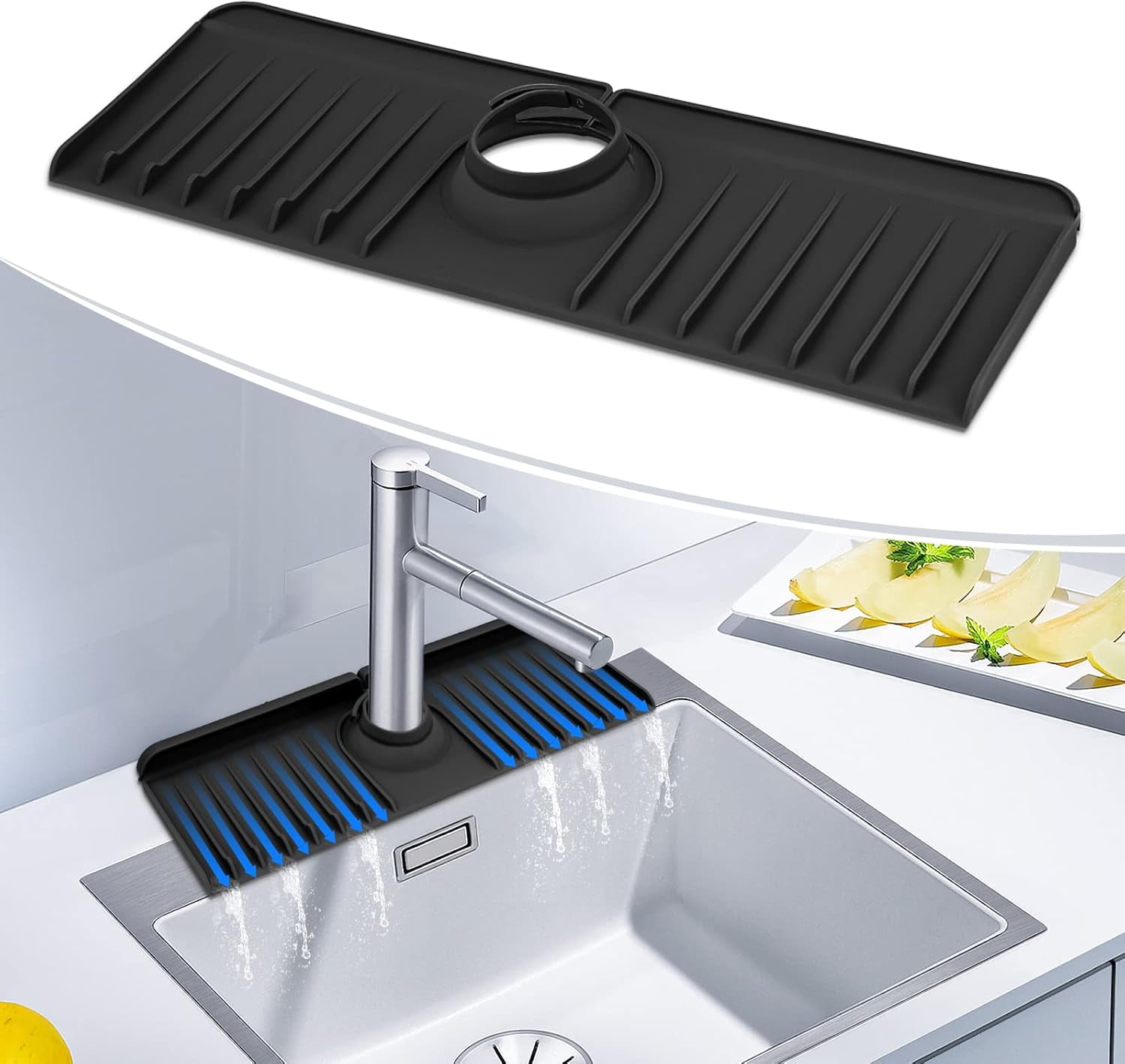 Adaptable Hole Silicone Sink Faucet Mat, Large Slope Drip Catcher Tray ...
