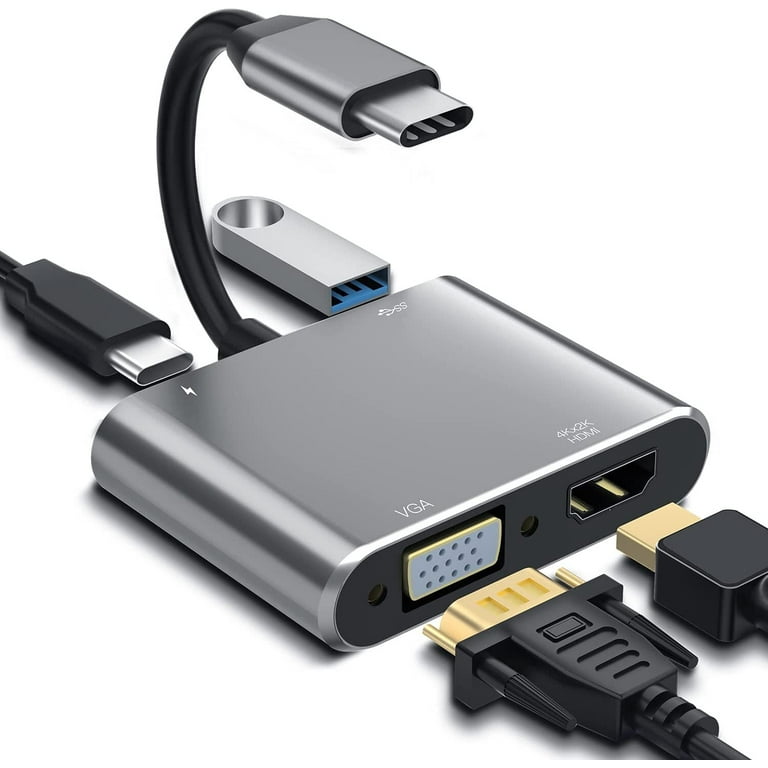 Adaptador USB C a HDMI/TYPE-C/VGA, 4 en 1 USB 3.0 tipo C Hub  VGA/HDMI/TYPE-C Adaptador de vídeo, 4K UHD macho a hembra convertidor de  vídeo