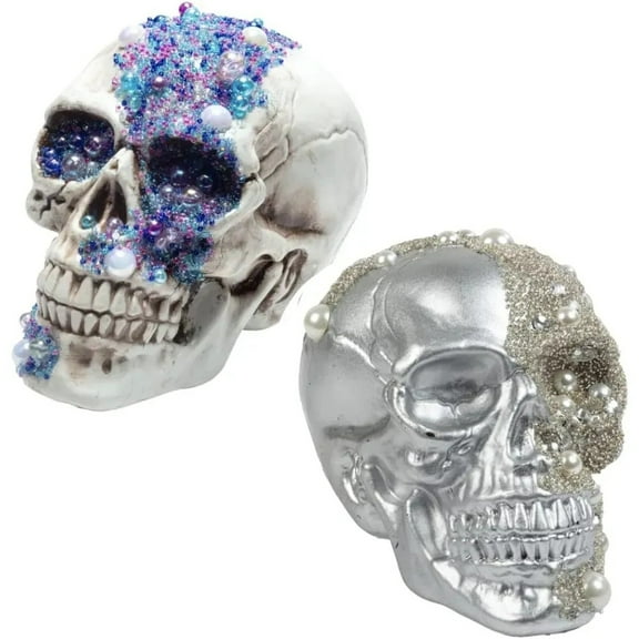 Pirate Treasure 8" Skulls (2pk) 8" Human Heads with Gem Studded Rhinestones - Theatre Prop Decor, Indoor Home Decorations, Skeleton Prop Decor - Party Decor for Haunted Houses Bone Table Statue