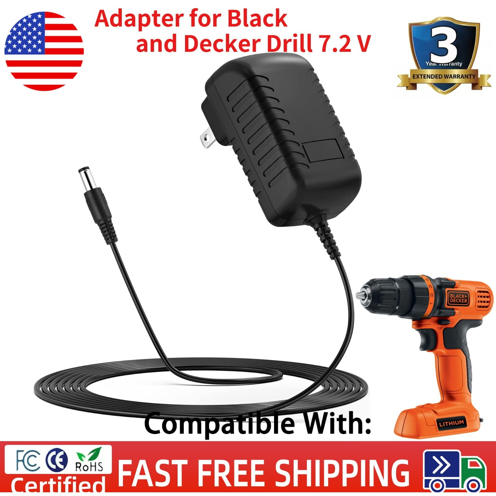 PwrON AC Adapter Charger For Decker BD12PS/BD12PSK Cordless Drill Driver - 15V-1121090