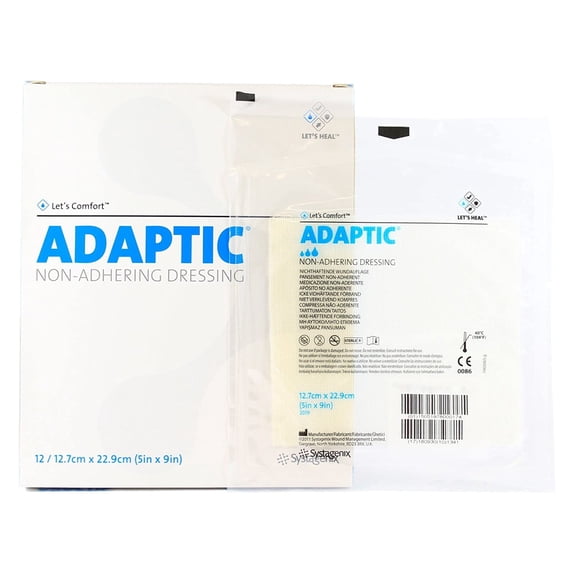 3M Adaptic white non-adhering sterile dressing, 5 in x 9 in, 12 count for wound care