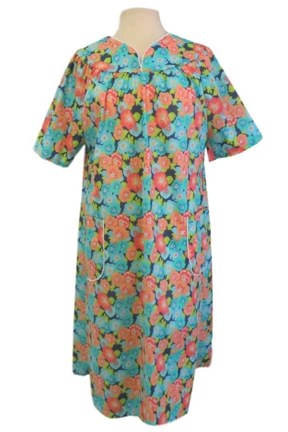 Adaptive Back Snap Housecoat Duster with V-Neck - Peach Floral