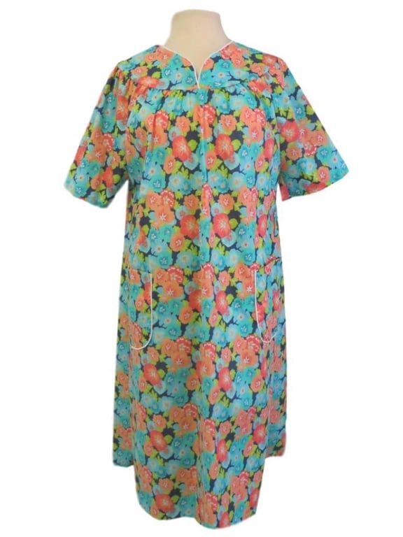 Adaptive Back Snap Housecoat Duster with V-Neck - Peach Floral